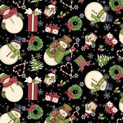 Merry Snowman Black Christmas Fabric BTY